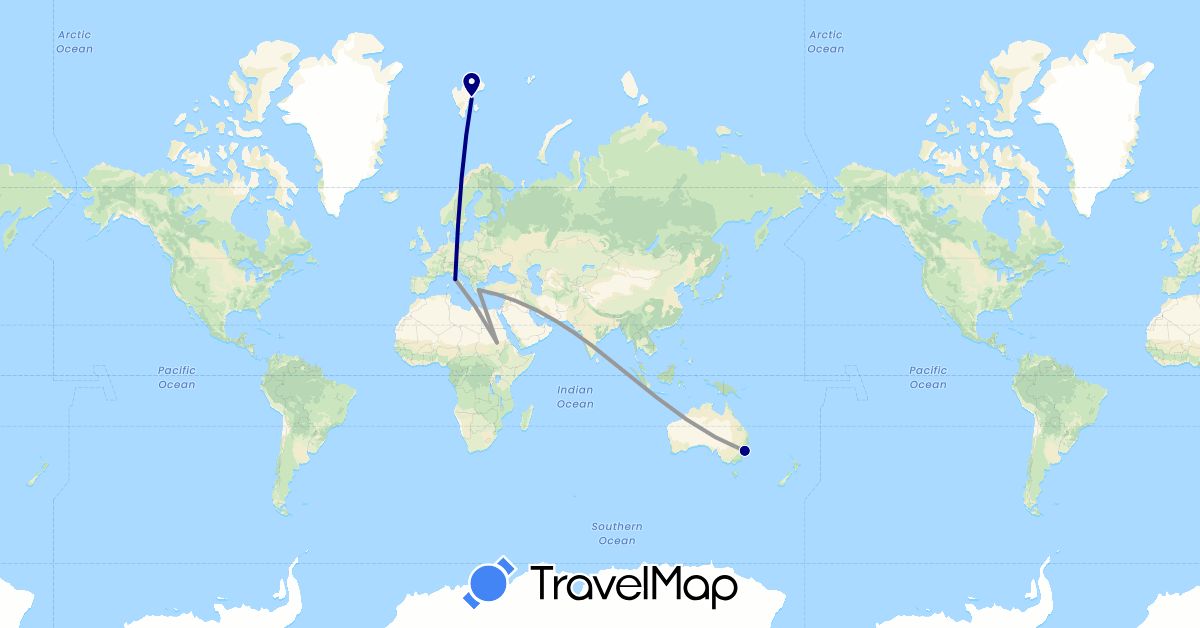 TravelMap itinerary: driving, plane in Australia, Greece, Italy, Norway, Sudan (Africa, Europe, Oceania)